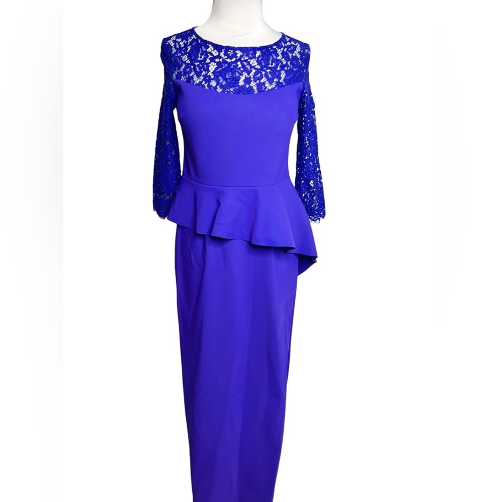 Teri Jon Rickie Freeman For Teri Jon 3/4-Sleeve Peplum Gown Blue Purple
